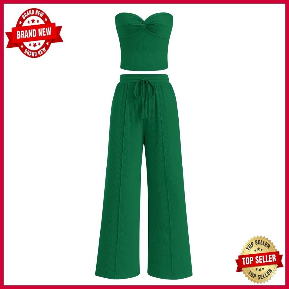 Medium Ribbed Strapless Tube Top Set With Wide Leg Pants, Machine Wash